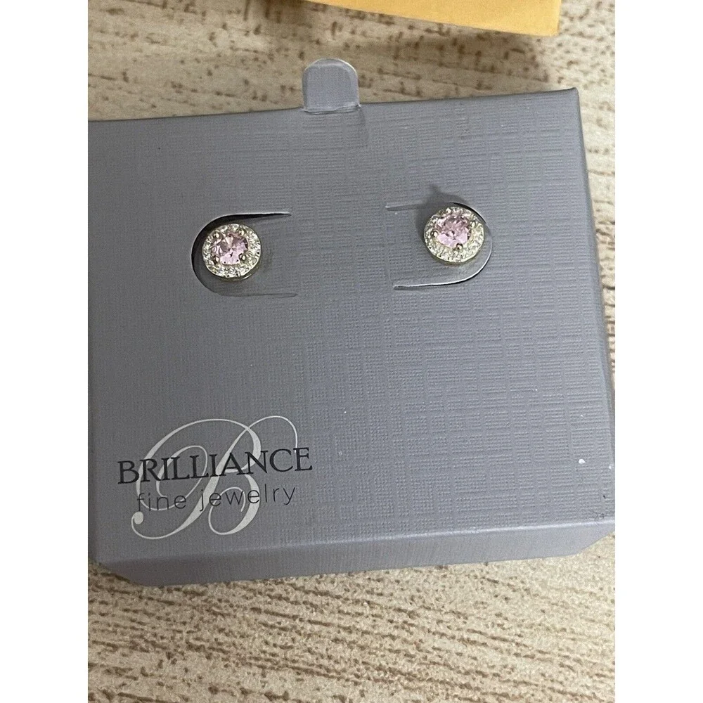 Brilliance Fine Jewelry Gold Over 925 SS Pink & Clear CZ Halo Stud Earrings